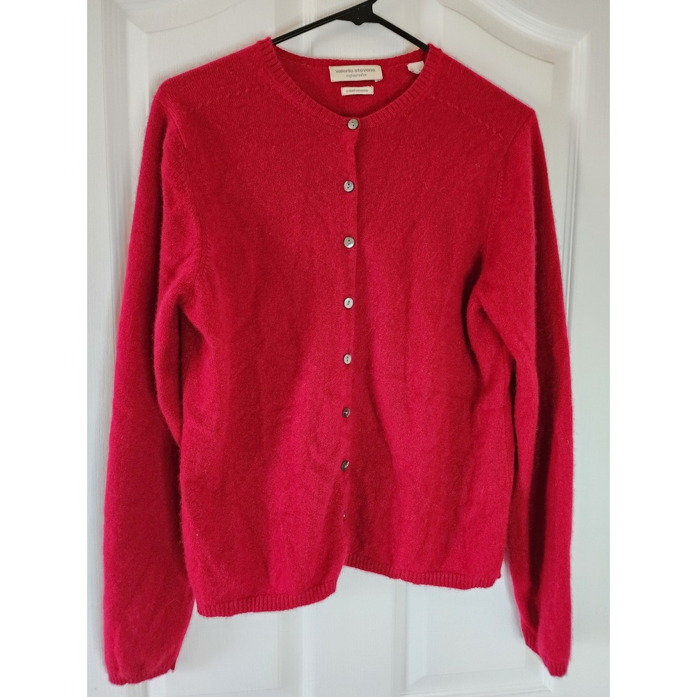 Valerie Stevens Red 100% Cashmere Button Front Crewneck Cardigan Sweater Medium